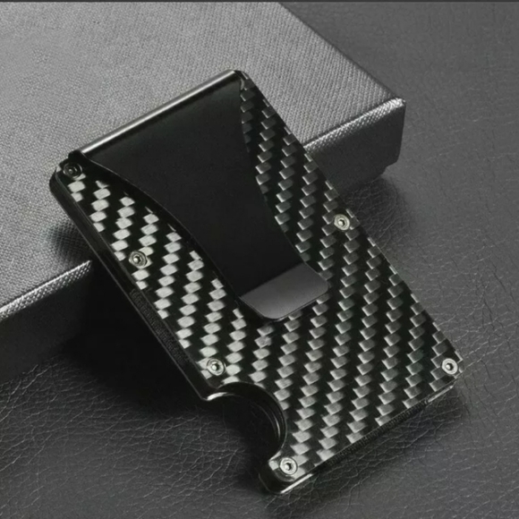 RFID Blocking Slim Money Clip Mens Carbon Fiber Credit Card Holder Metal Wallet - Picture 1 of 2